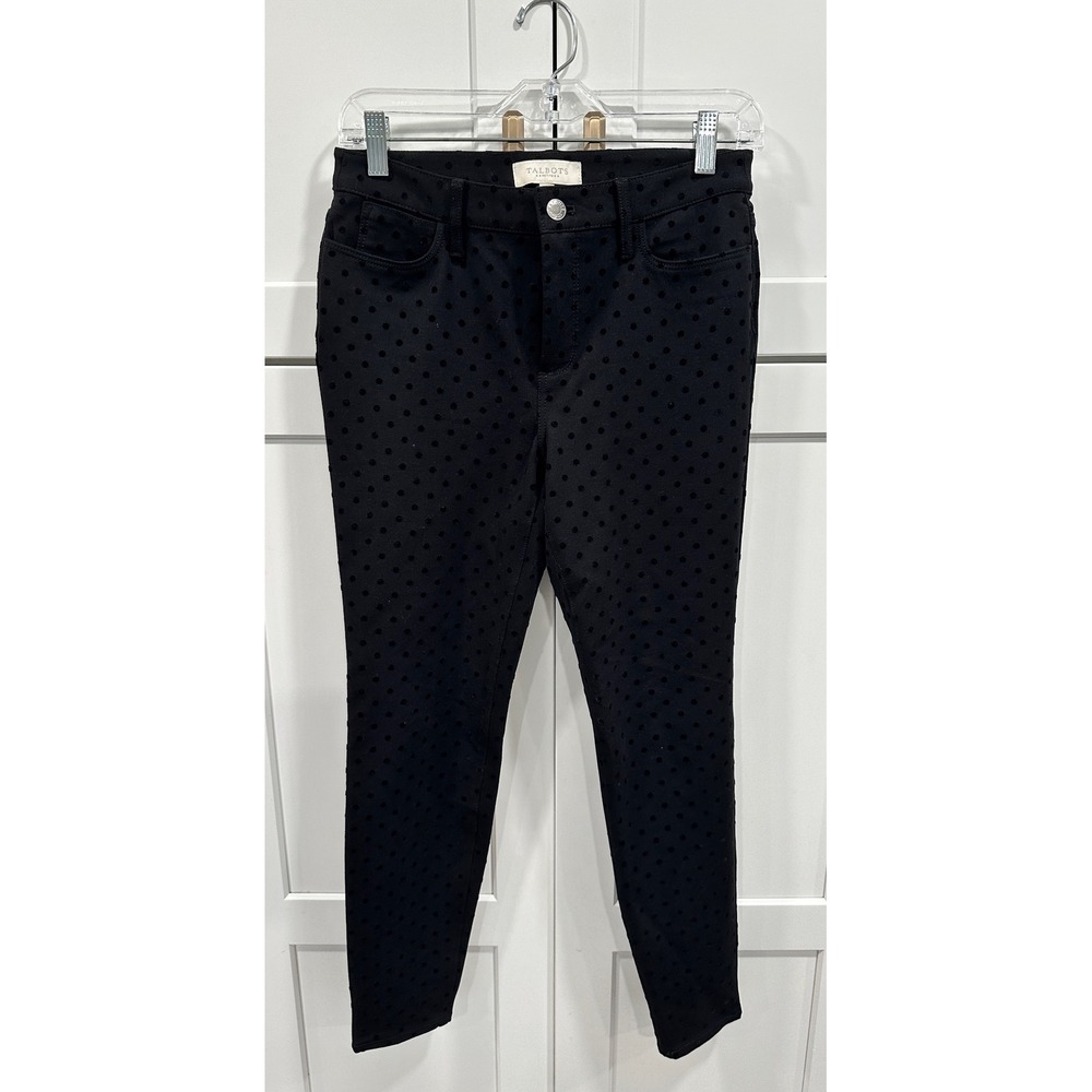 Talbots Petite Black Polka Dot Flocked High Rise Skinny‎ Crop Pants 2P